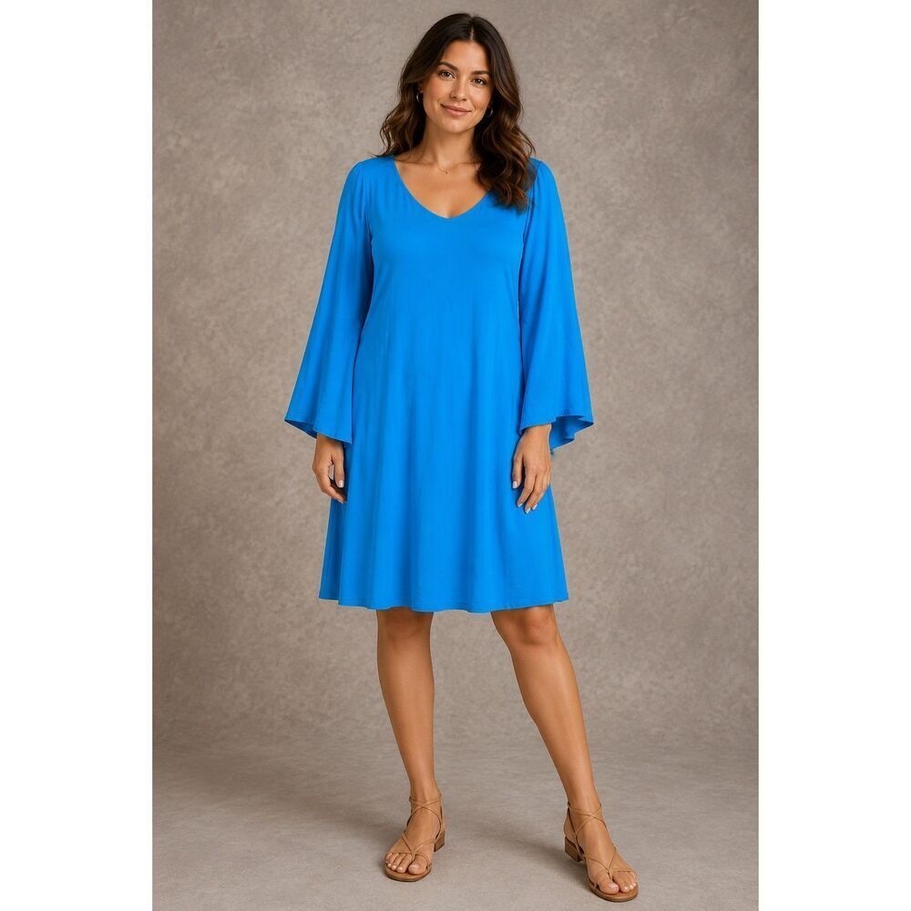 Susana monacco V-Neck Blue Flared Sleeves knee length Dress Medium #100